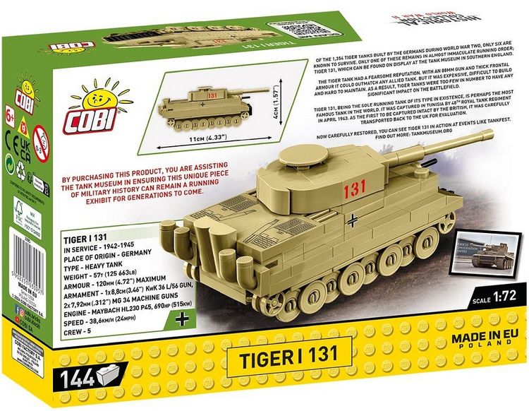 Produktbild: COBI Historical Collection 3095 - Tiger I 131 Panzer, WWII, Ma&szlig;stab 1:72, Bausatz, 144 Klemmbausteine