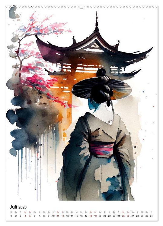 Produktbild: Geisha Aquarelle - Japanische Kulturdamen, Landschaft und Sakura (hochwertiger Premium Wandkalender 2026 DIN A2 hoch), Kunstdruck in Hochglanz