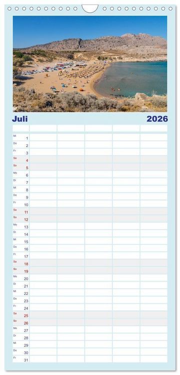 Produktbild: Familienplaner 2026 - Str&auml;nde der Insel Rhodos mit 5 Spalten (Wandkalender, 21 x 45 cm) CALVENDO