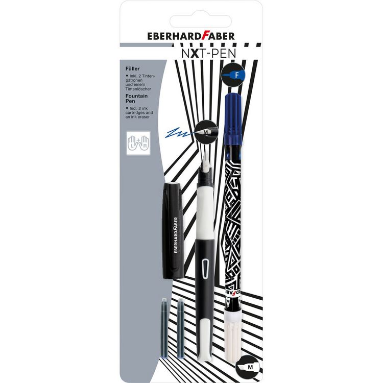 Produktbild: EBERHARD FABER F&uuml;ller Set NXT M Tintenl&ouml;scher 2 Patronen schwarz/wei&szlig; 4 Teile RH LH Blister