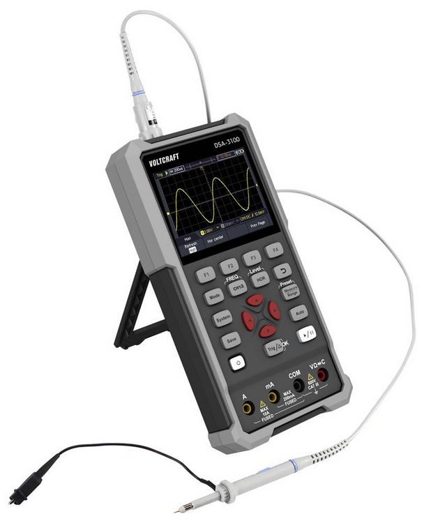 Produktbild: VOLTCRAFT DSA-3100 Hand-Oszilloskop 100 MHz 2-Kanal 500 MSa/s 8 kpts 8 Bit Handger&auml;t, Multimeter-Funktionen, Spectrum-Analyser 1 St.