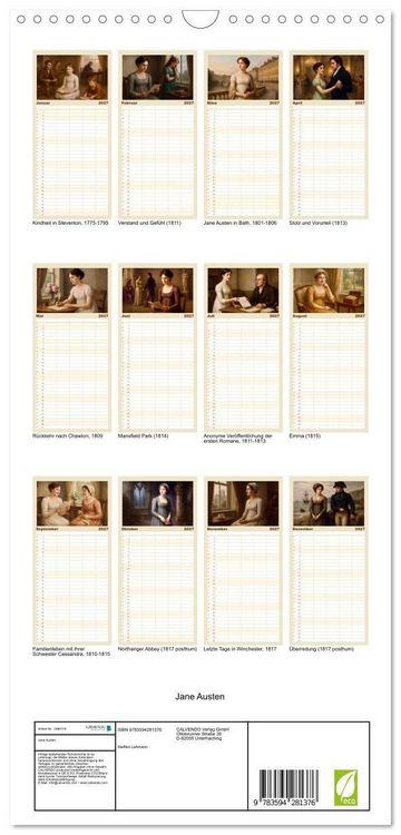 Produktbild: Familienplaner 2027 - Jane Austen mit 5 Spalten (Wandkalender, 21 x 45 cm) CALVENDO