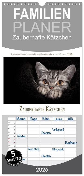 Produktbild: Familienplaner 2026 - Zauberhafte K&auml;tzchen mit 5 Spalten (Wandkalender, 21 x 45 cm) CALVENDO
