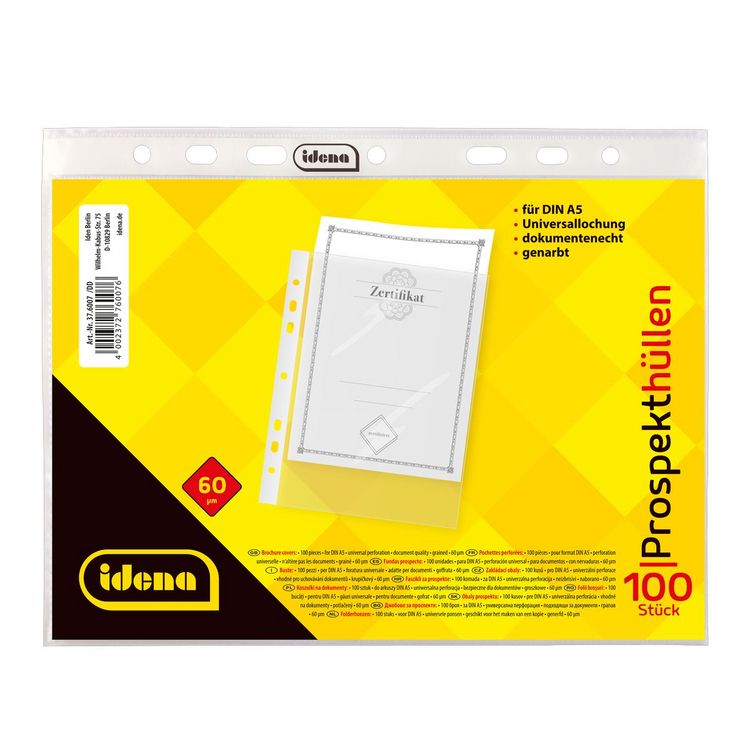Produktbild: Idena Prospekth&uuml;llen aus Kunststoff genarbt 60&micro; DIN A5 100 St&uuml;ck