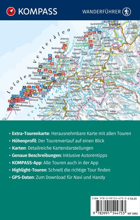 Produktbild: KOMPASS Wanderf&uuml;hrer Lofoten, Vester&aring;len und Senja, 70 Touren mit Extra-Tourenkarte