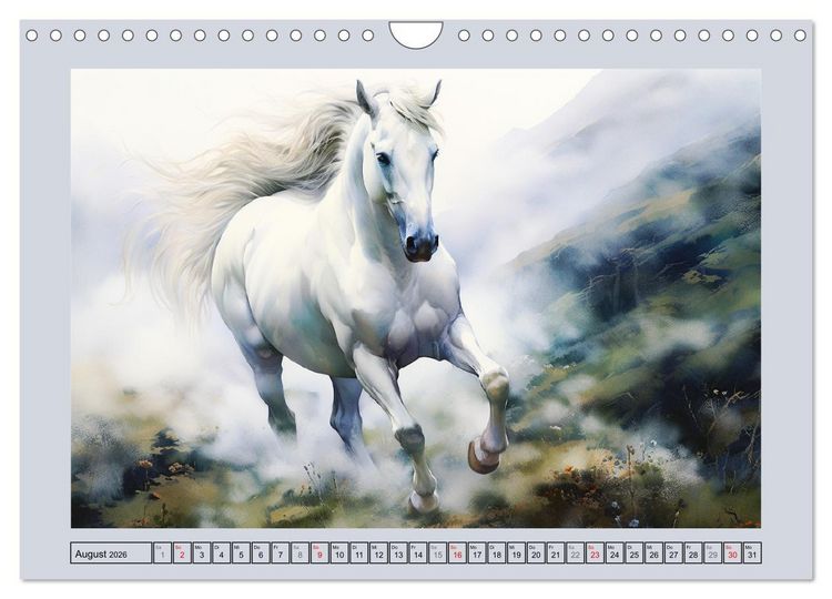 Produktbild: Anmutige Schimmel. &Auml;sthetik wei&szlig;er Aquarell-Pferde (Wandkalender 2026 DIN A4 quer), CALVENDO Monatskalender