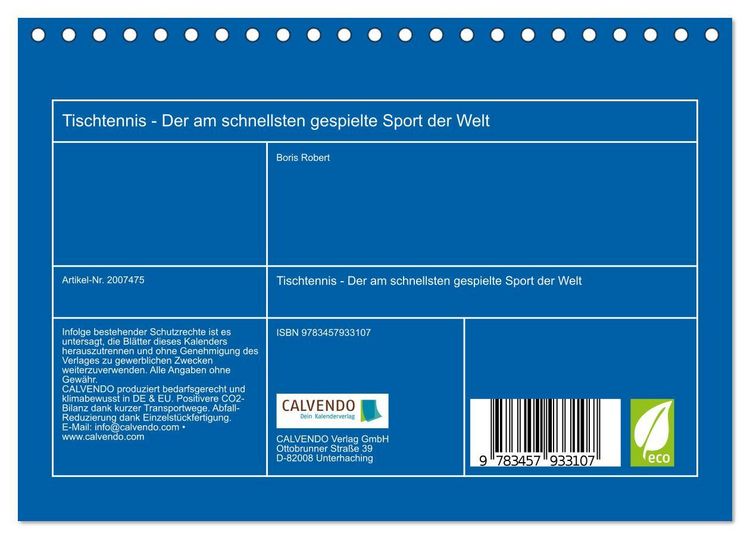 Produktbild: Tischtennis - Der am schnellsten gespielte Sport der Welt (Tischkalender 2026 DIN A5 quer), CALVENDO Monatskalender