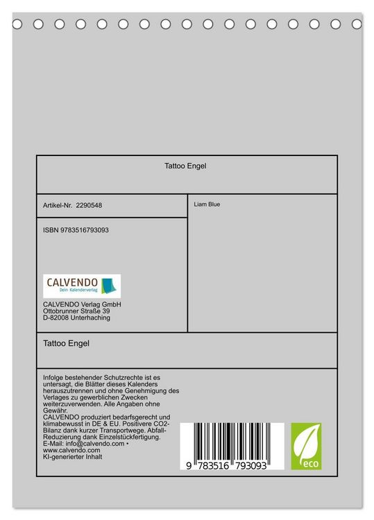 Produktbild: Tattoo Engel (Tischkalender 2027 DIN A5 hoch), CALVENDO Monatskalender