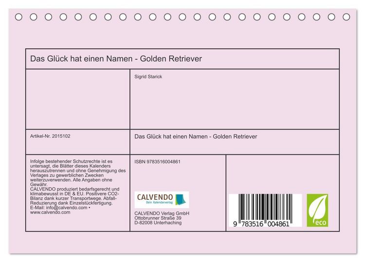 Produktbild: Das Gl&uuml;ck hat einen Namen - Golden Retriever (Tischkalender 2026 DIN A5 quer), CALVENDO Monatskalender