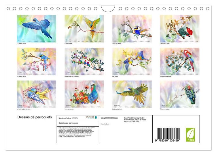 Produktbild: Dessins de perroquets (Calendrier mural 2026 DIN A4 vertical), CALVENDO calendrier mensuel