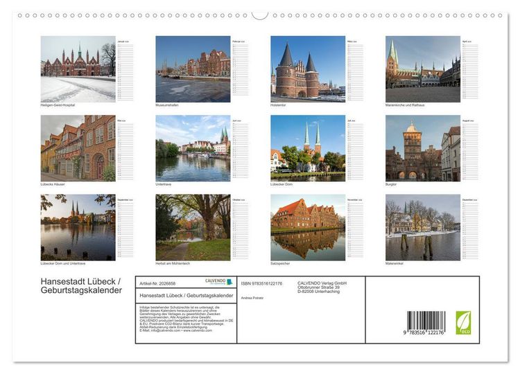 Produktbild: Hansestadt L&uuml;beck / Geburtstagskalender (hochwertiger Premium Wandkalender 2026 DIN A2 quer), Kunstdruck in Hochglanz