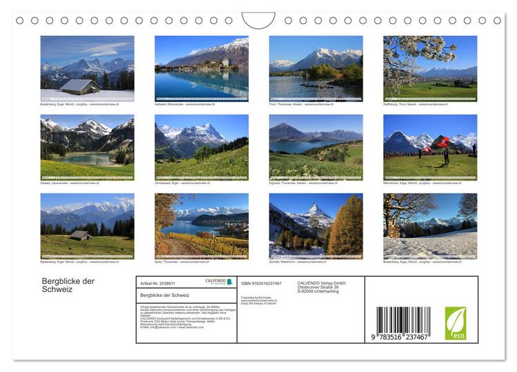 Produktbild: Bergblicke der Schweiz (Wandkalender 2026 DIN A4 quer), CALVENDO Monatskalender