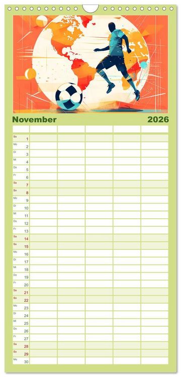 Produktbild: Familienplaner 2026 - Magie des Fussballs - Illustrierte Emotionen auf dem Rasen mit 5 Spalten (Wandkalender, 21 x 45 cm) CALVENDO
