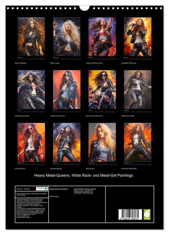 Produktbild: Heavy Metal-Queens. Wilde Rock- und Metal-Girl Paintings (Wandkalender 2026 DIN A3 hoch), CALVENDO Monatskalender
