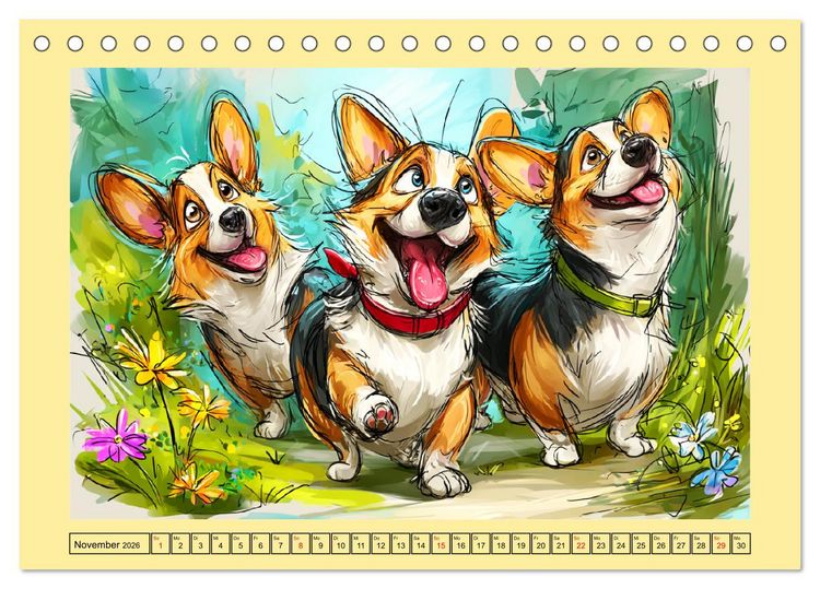 Produktbild: Lustige Corgis. Niedliche Cartoons von gl&uuml;cklichen Hunden (Tischkalender 2026 DIN A5 quer), CALVENDO Monatskalender