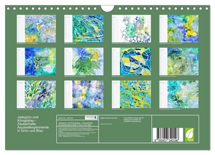 Produktbild: Jadegr&uuml;n und K&ouml;nigsblau - Zauberhafte Aquarellexperimente in Gr&uuml;n und Blau (Wandkalender 2026 DIN A4 quer), CALVENDO Monatskalender