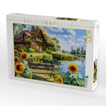 Produktbild: CALVENDO Puzzle Cottage Haus am Wasser mit Sonnenblumenfeld davor | 2000 Teile Lege-Gr&ouml;&szlig;e 90x67cm Foto-Puzzle f&uuml;r gl&uuml;ckliche Stunden