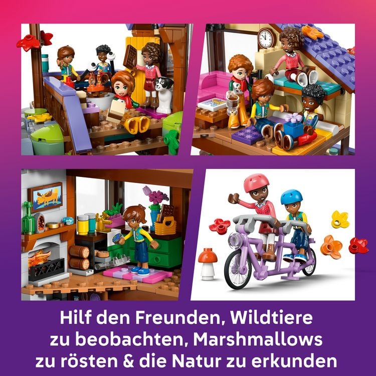 Produktbild: LEGO Friends 42705 Gem&uuml;tliche H&uuml;tte im Herbstwald, Bauspielzeug, 4 Spielfiguren, ein Hund und ein Eichh&ouml;rnchen