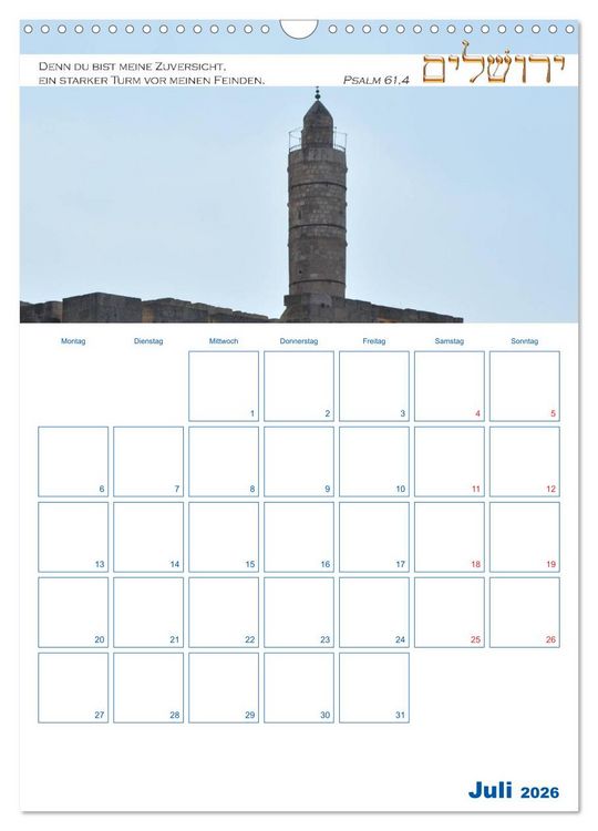 Produktbild: Jerusalem Kalender mit Bibelworten und Planer! (Wandkalender 2026 DIN A3 hoch), CALVENDO Monatskalender