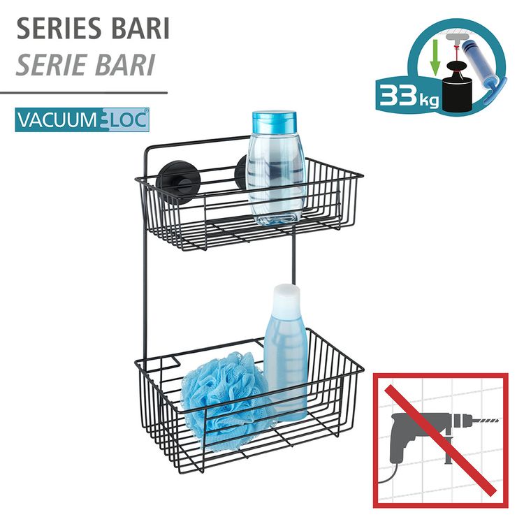 Vacuum-Loc® Wandregal 2 Etagen Mod. Bari Schwarz, Befestigen ohne bohren