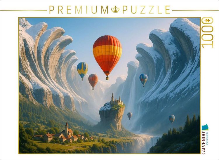 Produktbild: CALVENDO Puzzle Beh&uuml;tet im unerreichbaren Tal - Hei&szlig;luftballons in einer surrealen Landschaft | 1000 Teile Lege-Gr&ouml;&szlig;e 64x48cm Foto-Puzzle f&uuml;r gl&uuml;cklic