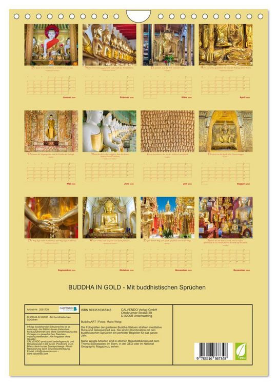 Produktbild: BUDDHA IN GOLD - Mit buddhistischen Spr&uuml;chen (Wandkalender 2026 DIN A4 hoch), CALVENDO Monatskalender