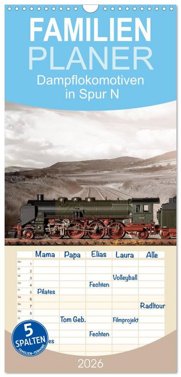 Produktbild: Familienplaner 2026 - Dampflokomotiven in Spur N mit 5 Spalten (Wandkalender, 21 x 45 cm) CALVENDO