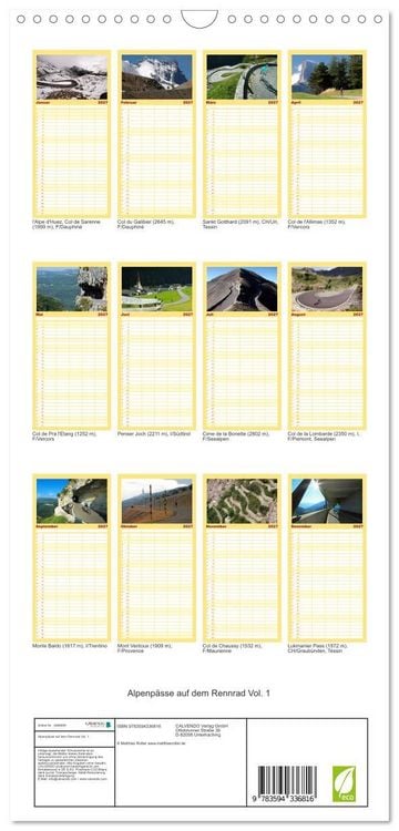 Produktbild: Familienplaner 2027 - Alpenp&auml;sse auf dem Rennrad Vol. 1 mit 5 Spalten (Wandkalender, 21 x 45 cm) CALVENDO