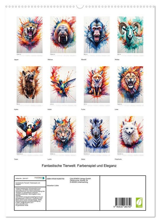 Produktbild: Fantastische Tierwelt: Farbenspiel und Eleganz (hochwertiger Premium Wandkalender 2026 DIN A2 hoch), Kunstdruck in Hochglanz