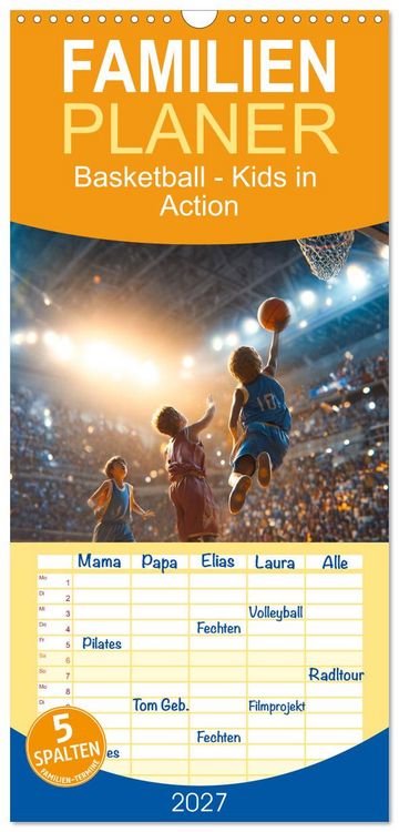 Produktbild: Familienplaner 2027 - Basketball - Kids in Action mit 5 Spalten (Wandkalender, 21 x 45 cm) CALVENDO