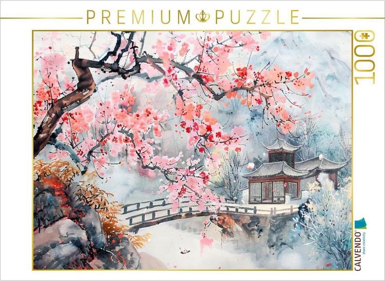 Produktbild: CALVENDO Puzzle Chinesischer Tempel zur Kirschbl&uuml;te als Tuschezeichnung | 1000 Teile Lege-Gr&ouml;&szlig;e 64x48cm Foto-Puzzle f&uuml;r gl&uuml;ckliche Stunden
