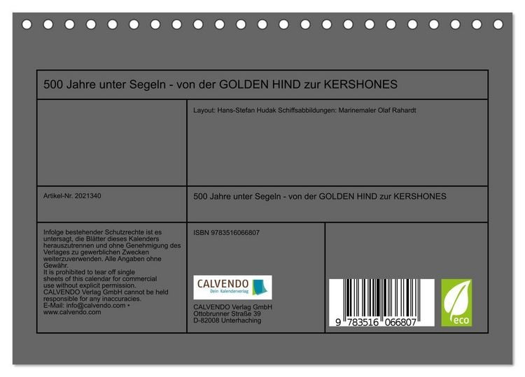 Produktbild: 500 Jahre unter Segeln - von der GOLDEN HIND zur KERSHONES (Tischkalender 2026 DIN A5 quer), CALVENDO Monatskalender