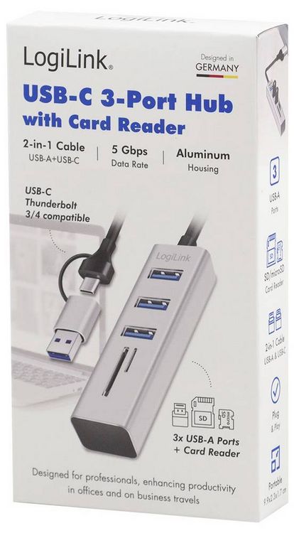 Produktbild: LogiLink UA0445 USB-Hub 3 Port USB-A, SDHC, microSDHC USB 3.0 5 GBit/s Aluminium UA0445