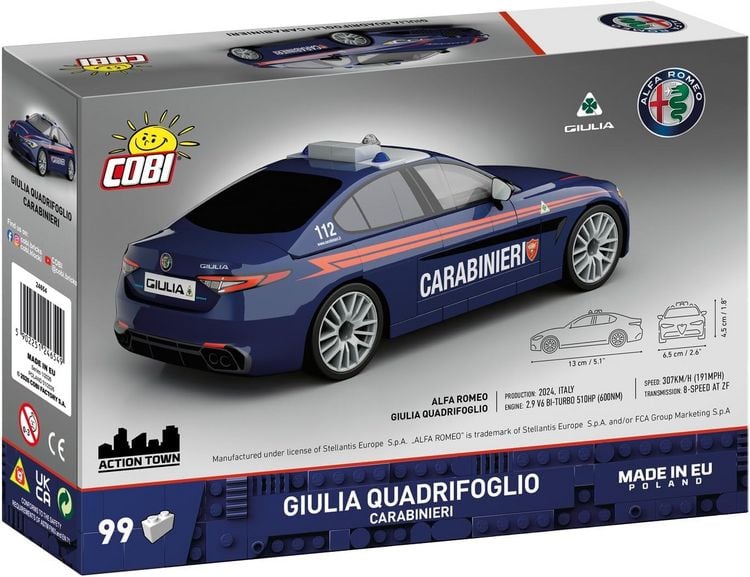 Produktbild: COBI-24654 - Alfa Romeo Giulia Quadrifoglio Carabinieri, Bausatz 1:35, 99 Klemmbausteine
