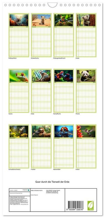 Produktbild: Familienplaner 2027 - Quer durch die Tierwelt der Erde mit 5 Spalten (Wandkalender, 21 x 45 cm) CALVENDO
