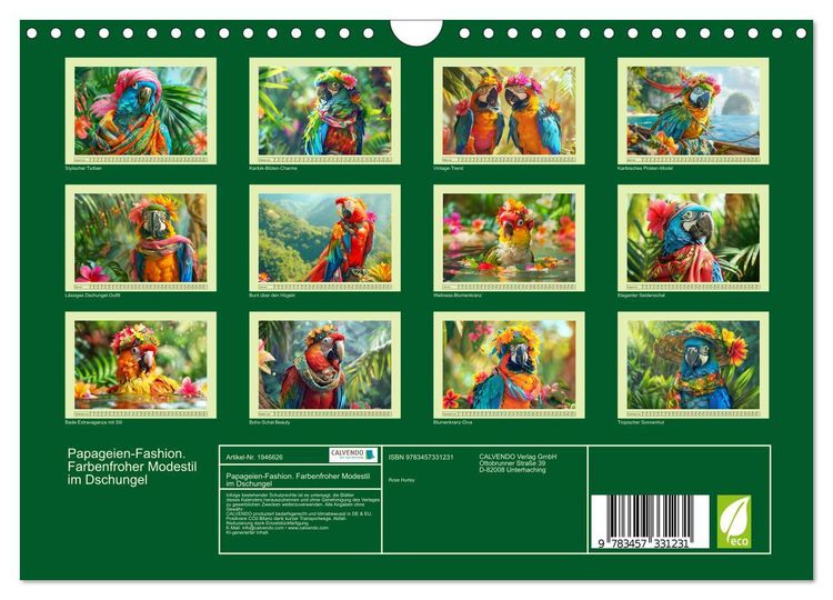 Produktbild: Papageien-Fashion. Farbenfroher Modestil im Dschungel (Wandkalender 2026 DIN A4 quer), CALVENDO Monatskalender