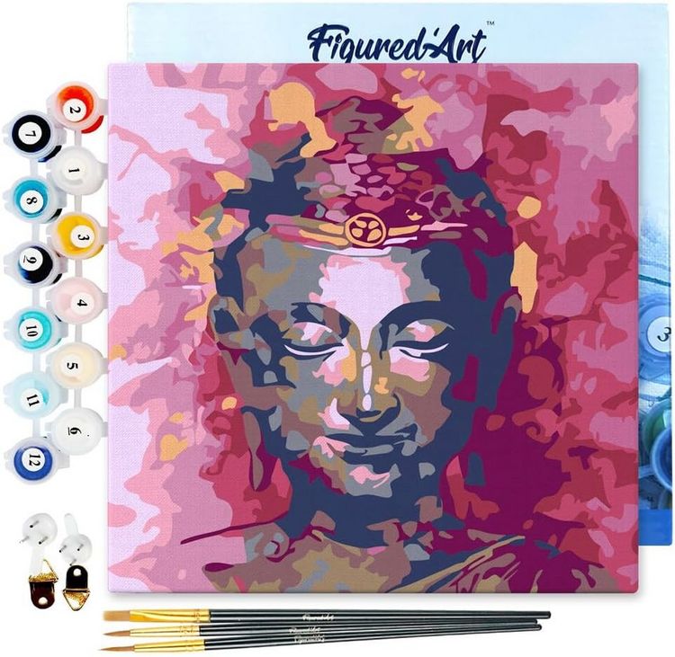 Produktbild: FiguredArt SFA065-Y - Mini Malen nach Zahlen, Kostbarer Buddha, Leinwand-Keilrahmen 20x20cm, DIY Bastelset, Paint by Numbers