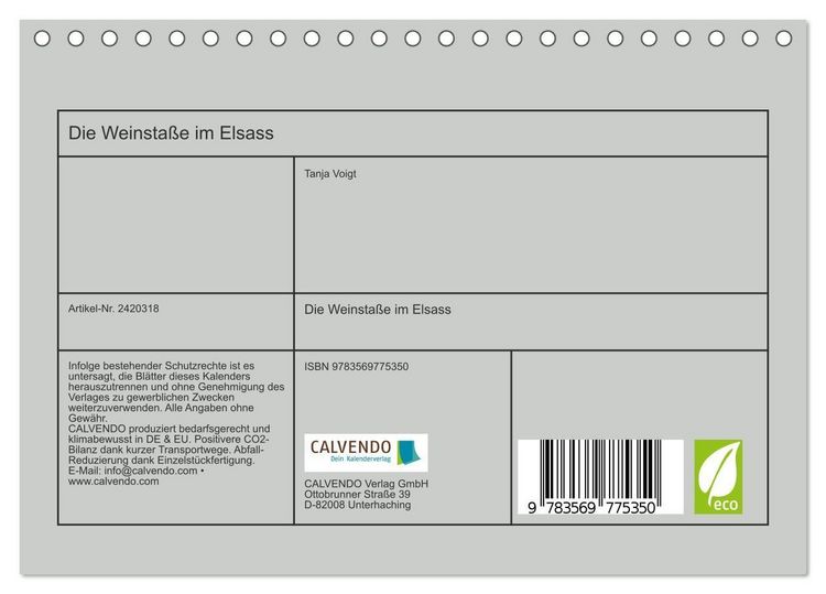 Produktbild: Die Weinsta&szlig;e im Elsass (Tischkalender 2027 DIN A5 quer), CALVENDO Monatskalender