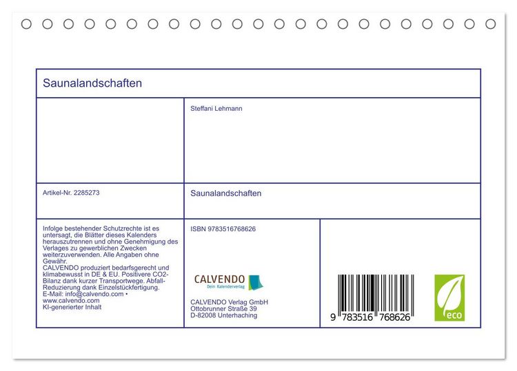 Produktbild: Saunalandschaften (Tischkalender 2027 DIN A5 quer), CALVENDO Monatskalender