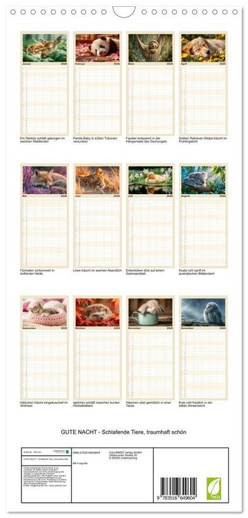Produktbild: Familienplaner 2026 - GUTE NACHT - Schlafende Tiere, traumhaft sch&ouml;n mit 5 Spalten (Wandkalender, 21 x 45 cm) CALVENDO