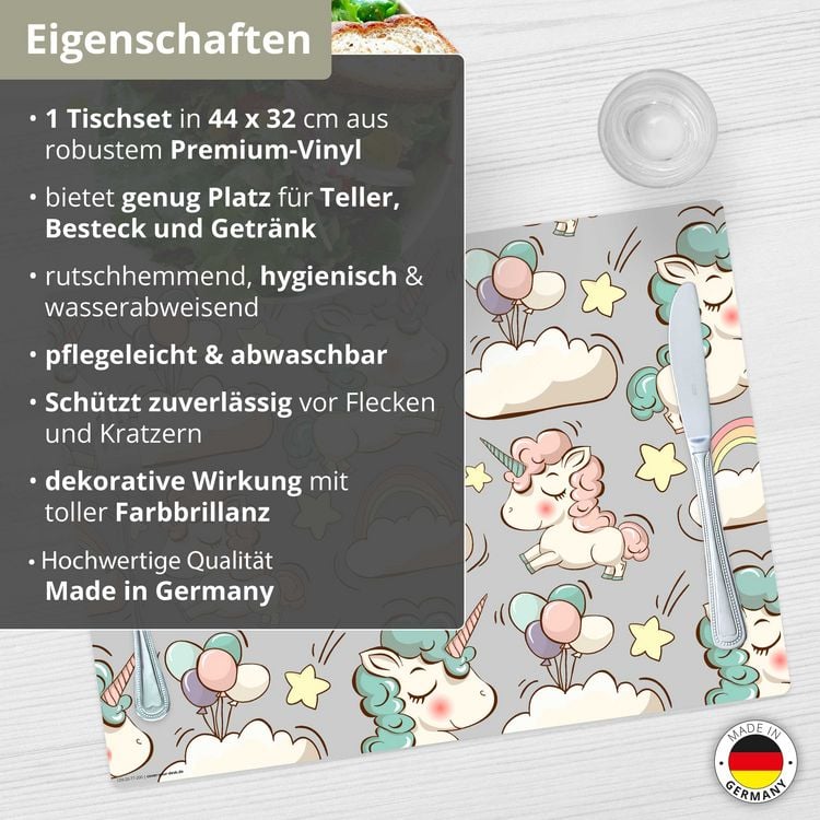 Produktbild: Tischsetmacher Tischset f&uuml;r Kinder S&uuml;&szlig;e Einh&ouml;rner, aus hochwertigem Vinyl , 44 x 32 cm