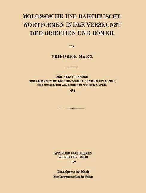 Produktbild: Molossische und Bakcheische Wortformen in der Verskunst der Griechen und R&ouml;mer