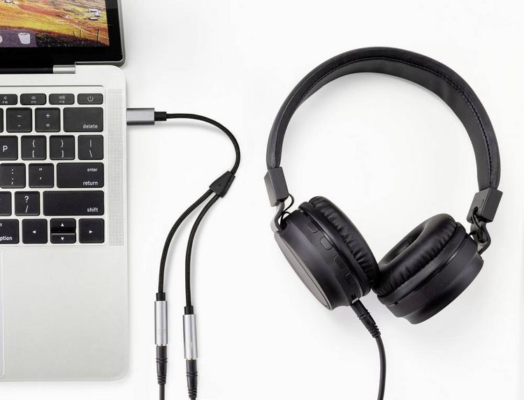 Produktbild: Renkforce USB-C&reg;, Audio Adapterkabel [1x USB-C&reg; Stecker - 2x 3.5 mm-Buchse] 20cm