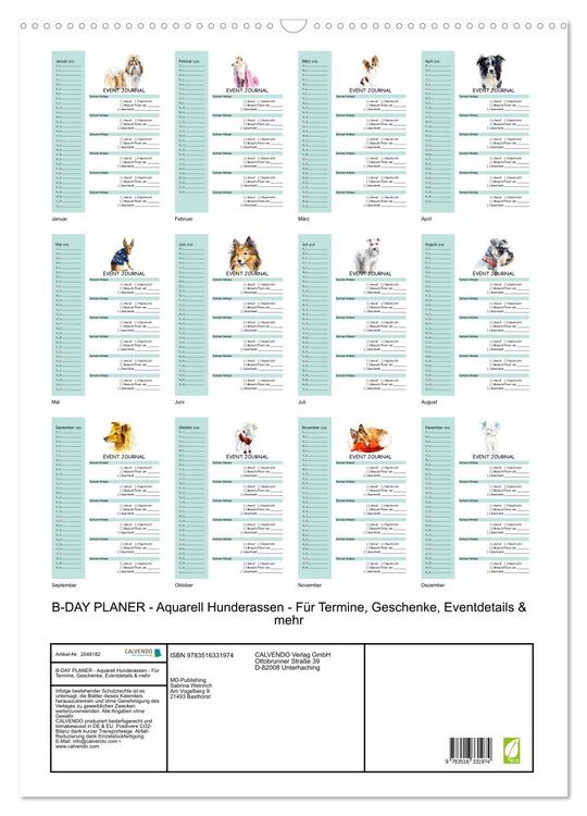 Produktbild: B-DAY PLANER - Aquarell Hunderassen - F&uuml;r Termine, Geschenke, Eventdetails & mehr (Wandkalender 2026 DIN A2 hoch), CALVENDO Monatskalender
