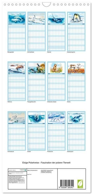 Produktbild: Familienplaner 2027 - Eisige Polarkreise - Faszination der polaren Tierwelt mit 5 Spalten (Wandkalender, 21 x 45 cm) CALVENDO