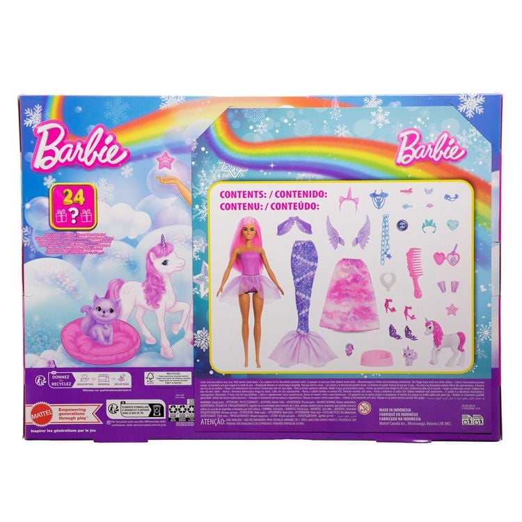 Produktbild: Barbie-Adventskalender mit Modepuppe und 24 Überraschungs-Accessoires mit Einhorn und Tieren