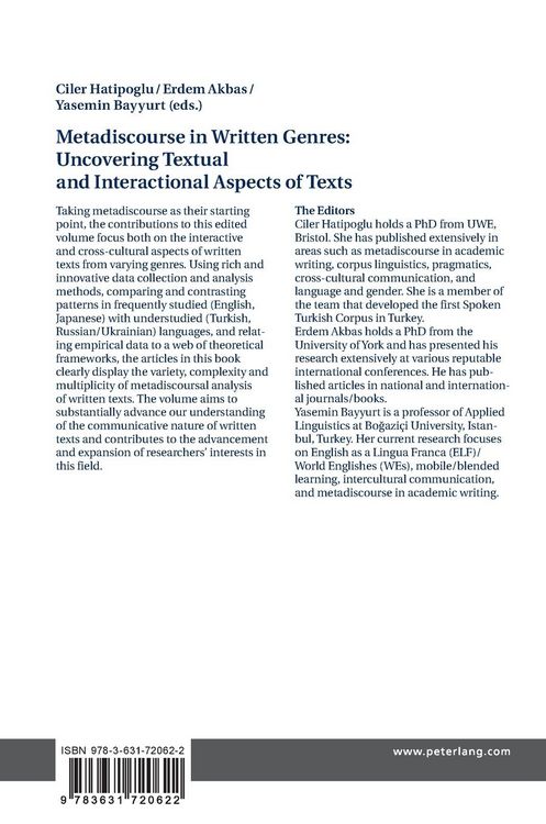 Produktbild: Metadiscourse in Written Genres: Uncovering Textual and Interactional Aspects of Texts