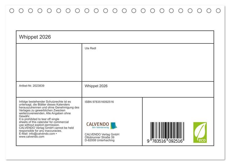 Produktbild: Whippet 2026 (Tischkalender 2026 DIN A5 quer), CALVENDO Monatskalender