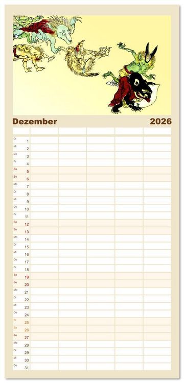 Produktbild: Familienplaner 2026 - Kawanabe Kyosai - Einhundert D&auml;monen mit 5 Spalten (Wandkalender, 21 x 45 cm) CALVENDO