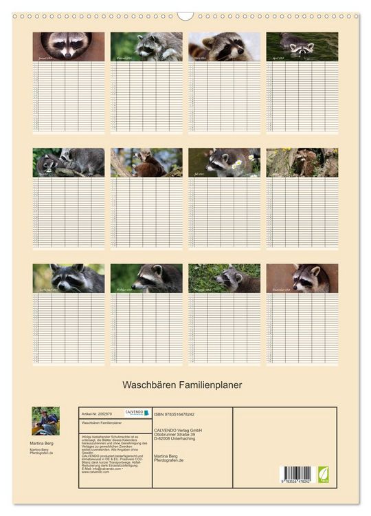 Produktbild: Waschb&auml;ren Familienplaner (Wandkalender 2026 DIN A2 hoch), CALVENDO Monatskalender
